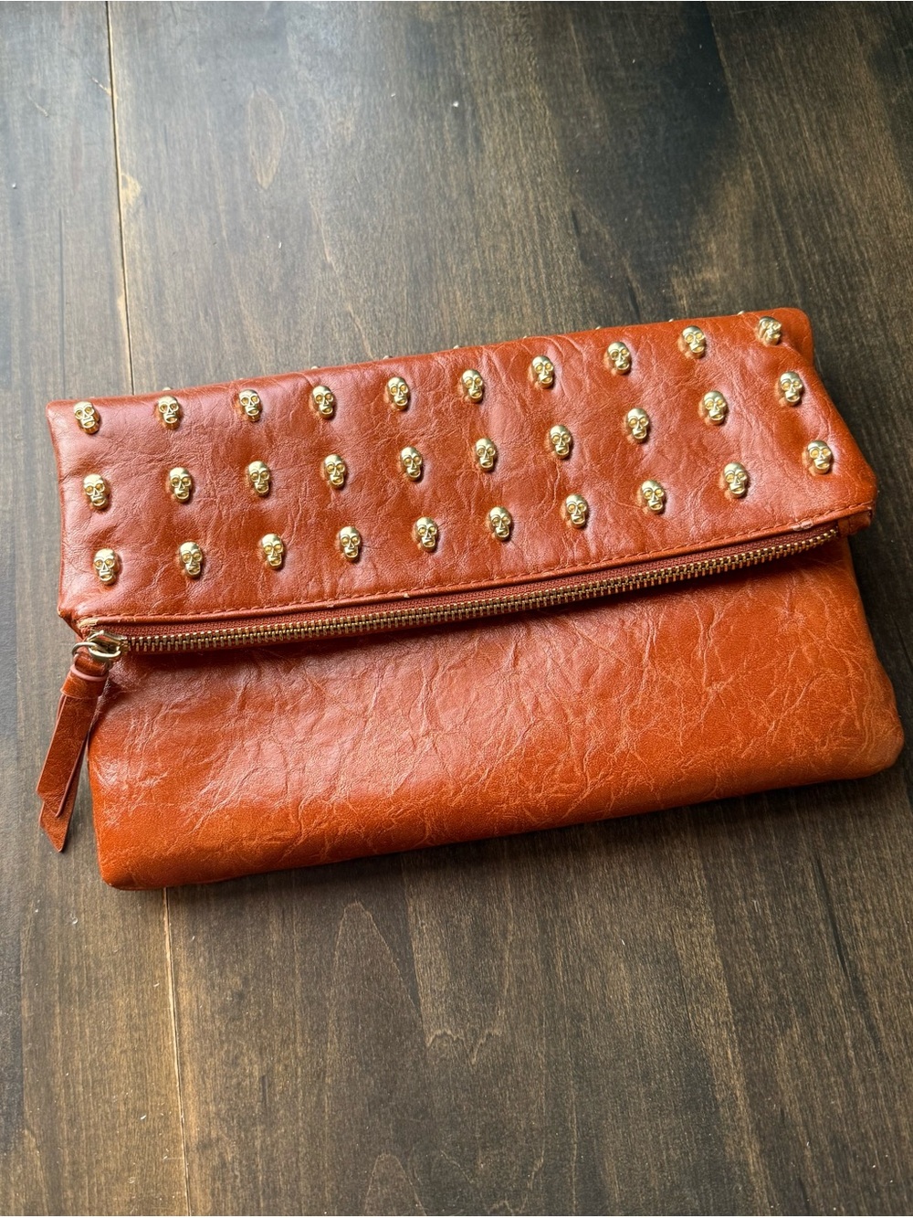 Gianni Bini Chestnut Foldover Clutch Gold Skulls and Crossbody Strap